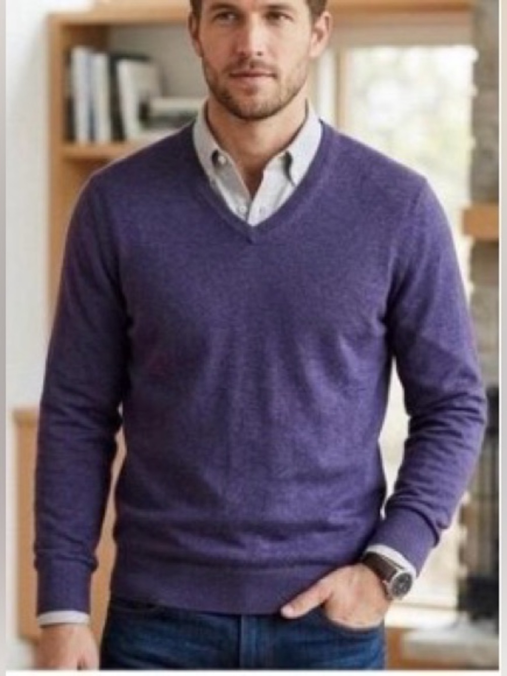 Banana Republic silk blend V-Neck Sweater L Purple Classic work preppy fall